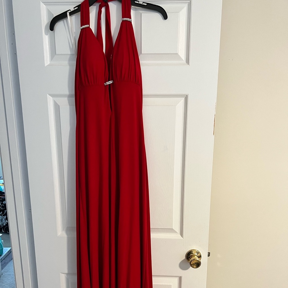 Betsy & Adam floor length red gown formal prom
